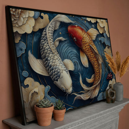 Koi Fish and Swirling Water Canvas in black floating frame