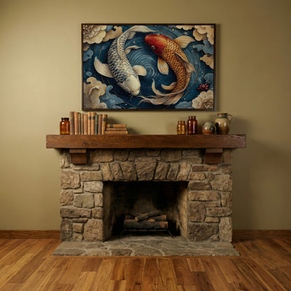 Koi Fish and Swirling Water Canvas in dark walnut floating frame