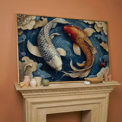 Koi Fish and Swirling Water Canvas in white oak floating frame