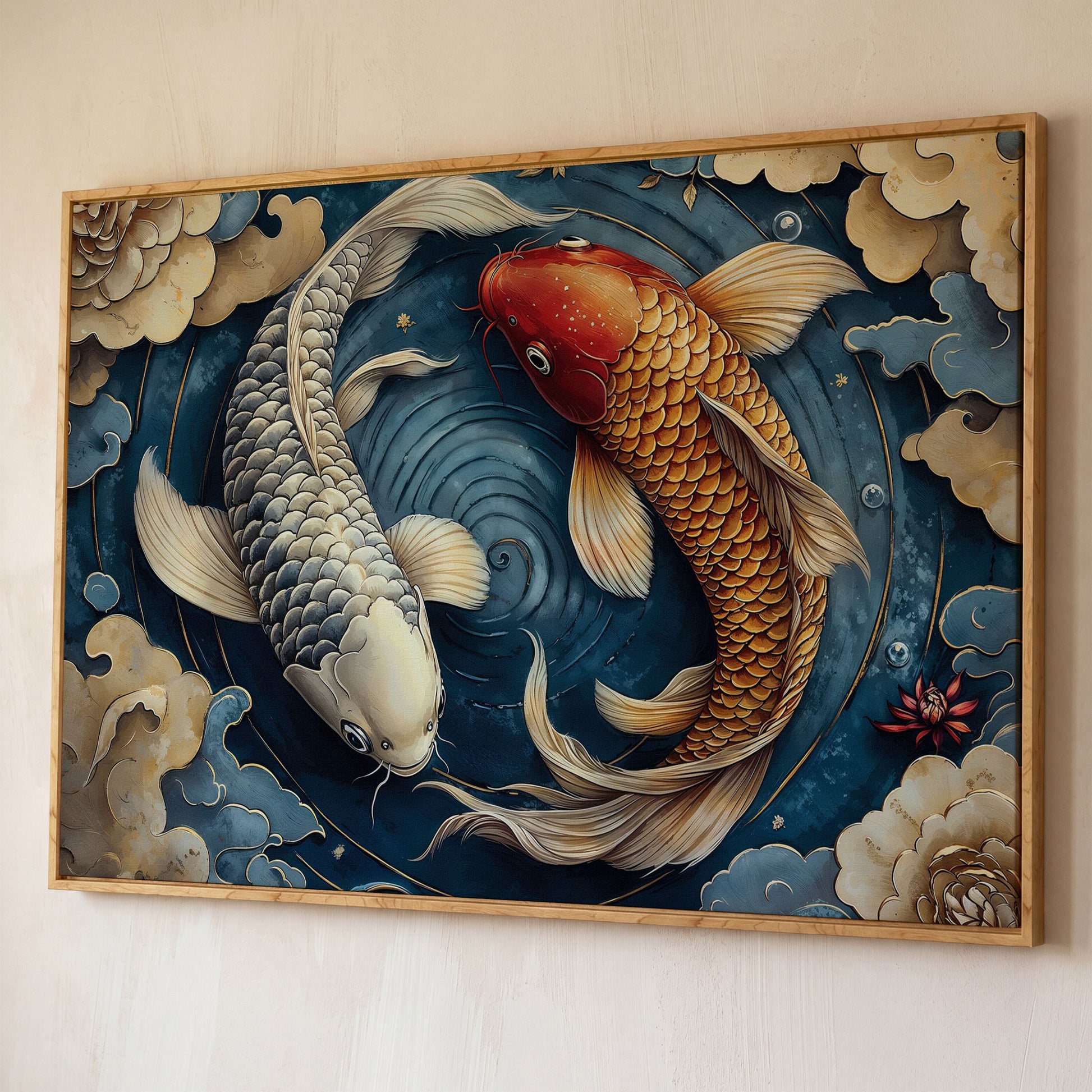 Koi Fish and Swirling Water Canvas shown in white oak floating frame