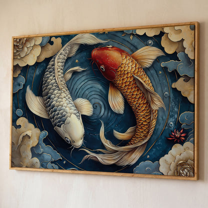 Koi Fish and Swirling Water Canvas shown in white oak floating frame