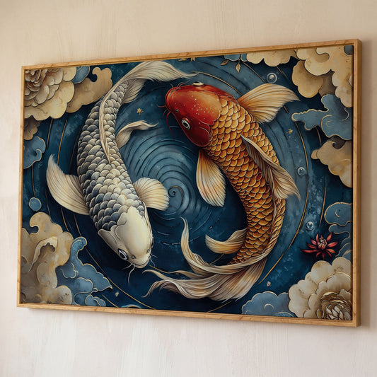 Koi Fish and Swirling Water Canvas shown in white oak floating frame