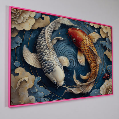 Koi Fish and Swirling Water Canvas in pink floating frame