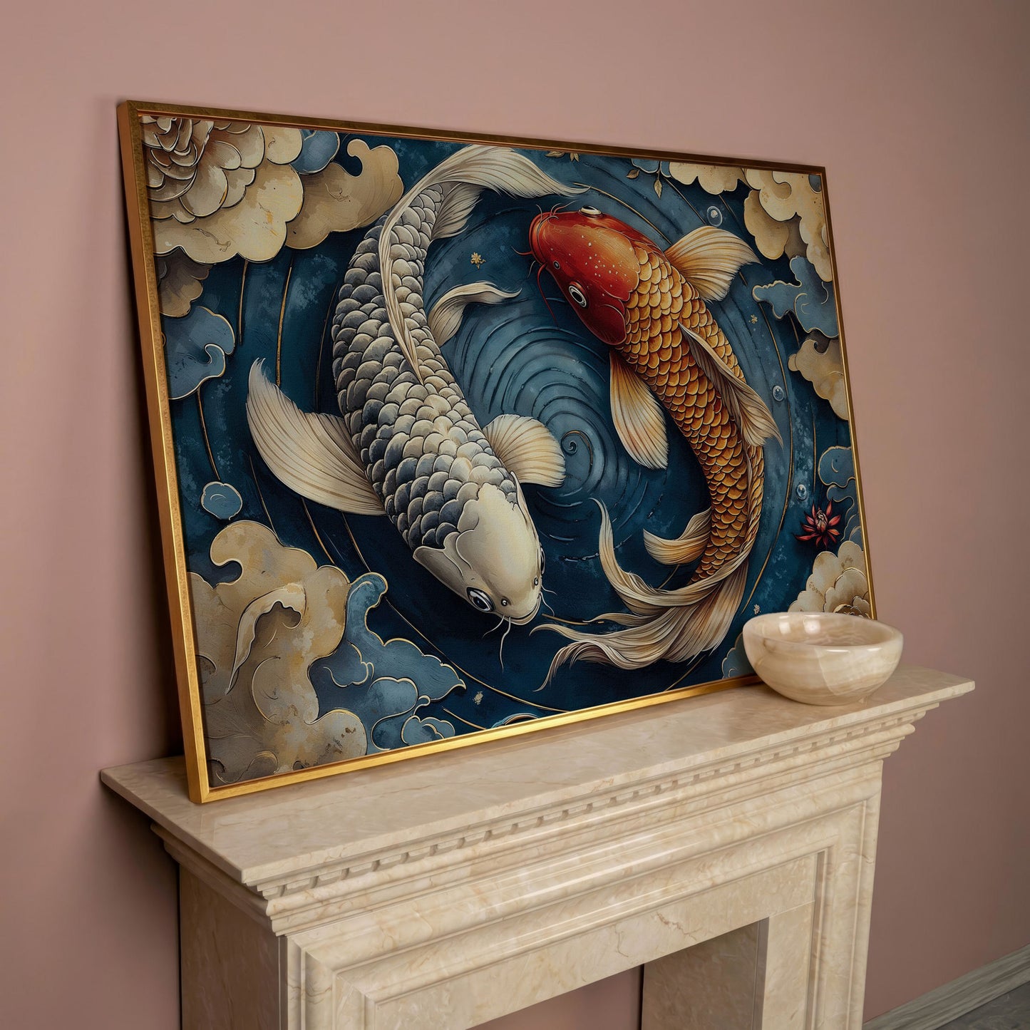 Koi Fish and Swirling Water Canvas in rose gold floating frame