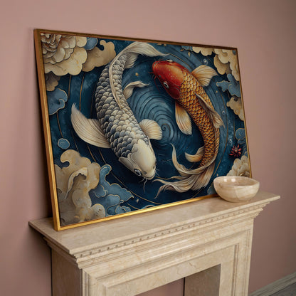 Koi Fish and Swirling Water Canvas in rose gold floating frame