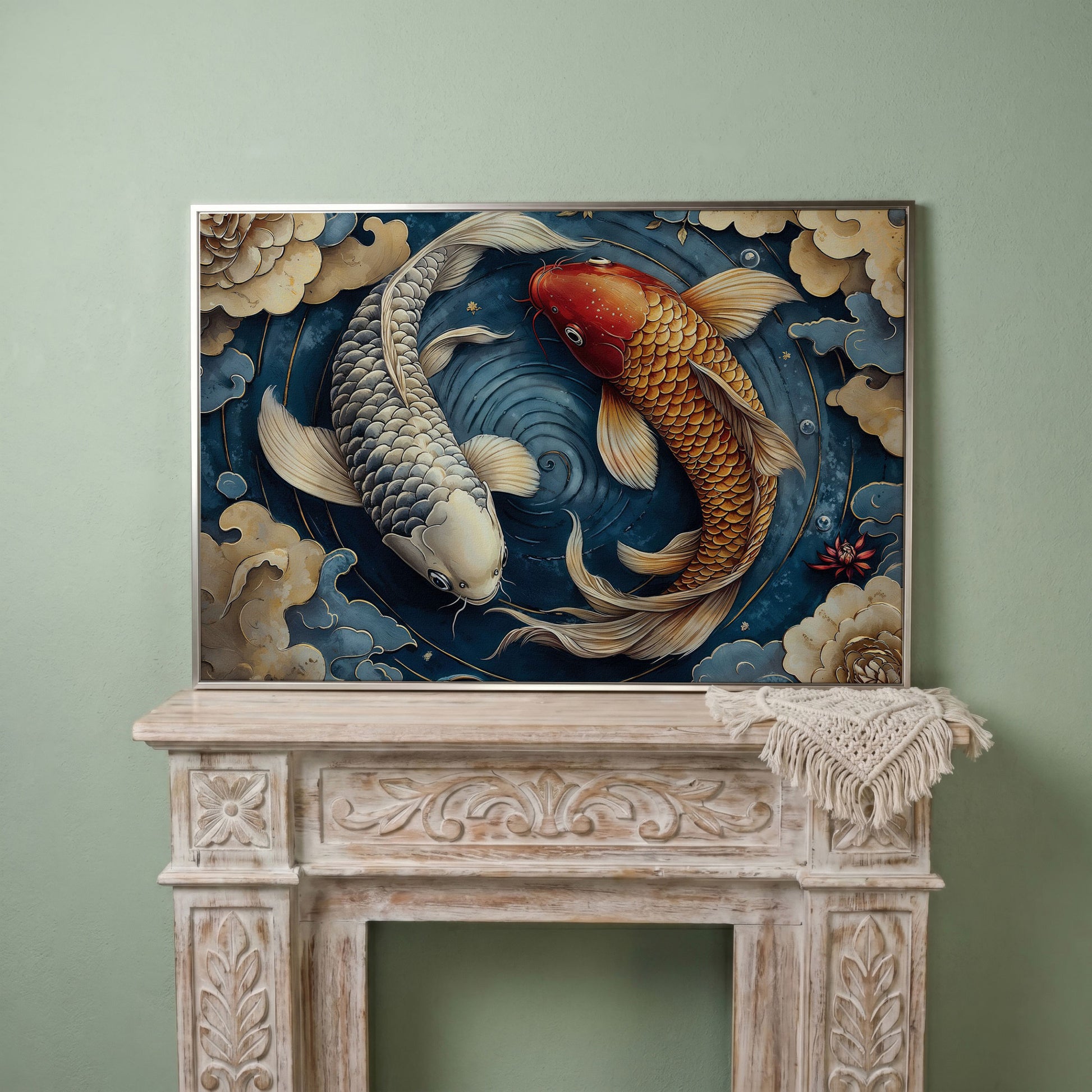 Koi Fish and Swirling Water Canvas in silver floating frame