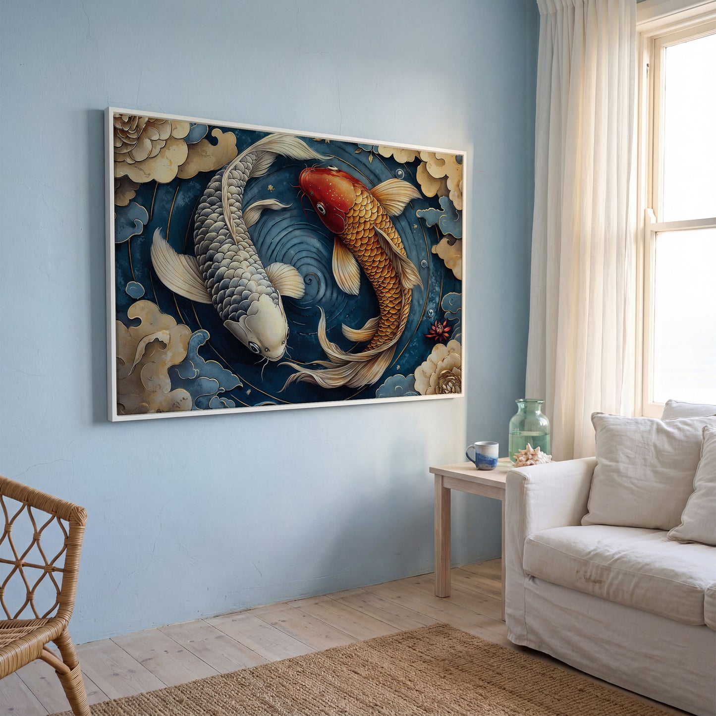 Koi Fish and Swirling Water Canvas in white floating frame