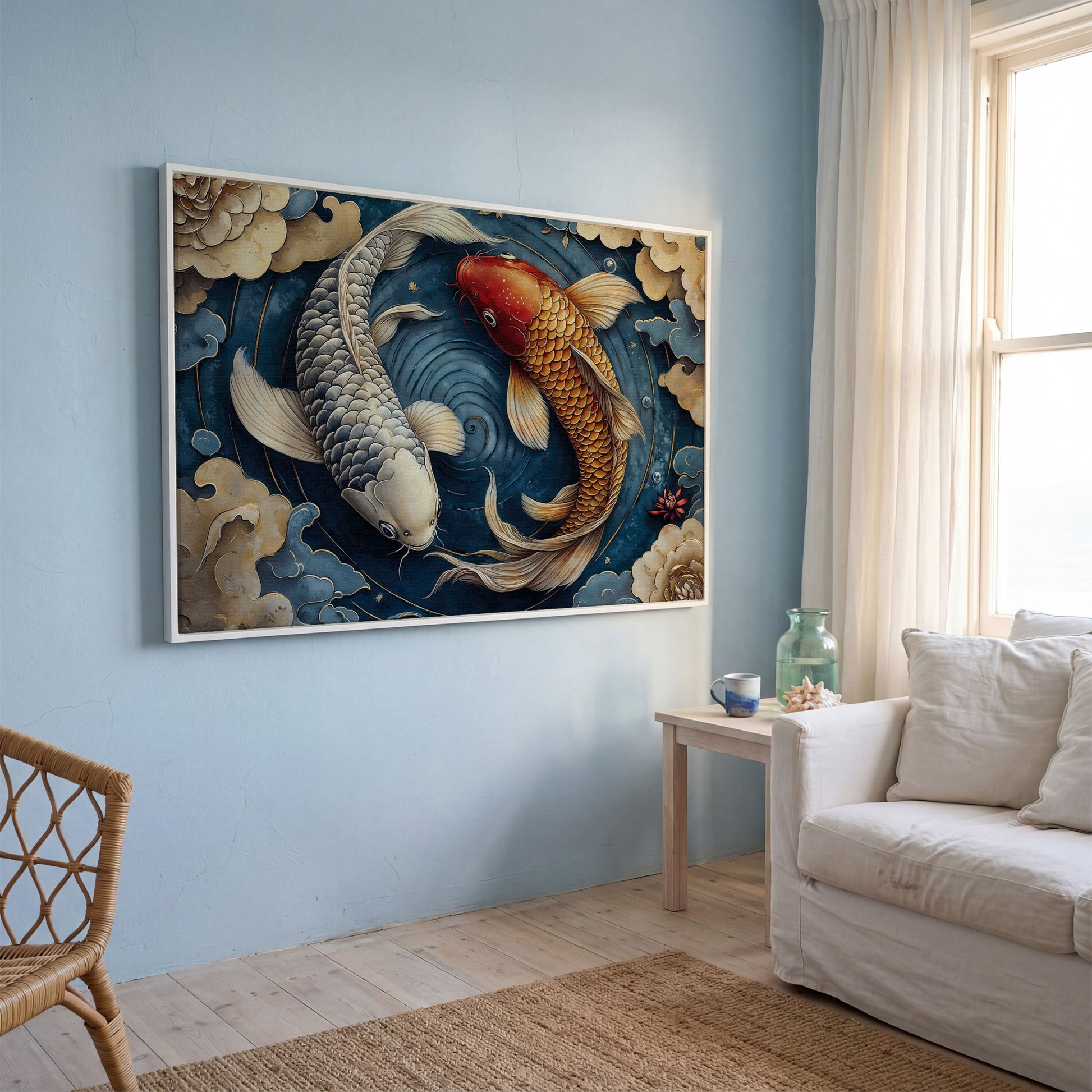 Koi Fish and Swirling Water Canvas in white floating frame