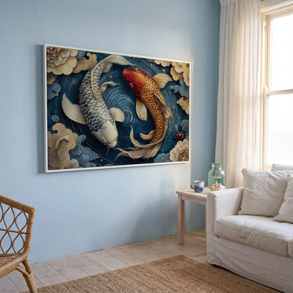 Koi Fish and Swirling Water Canvas in white floating frame