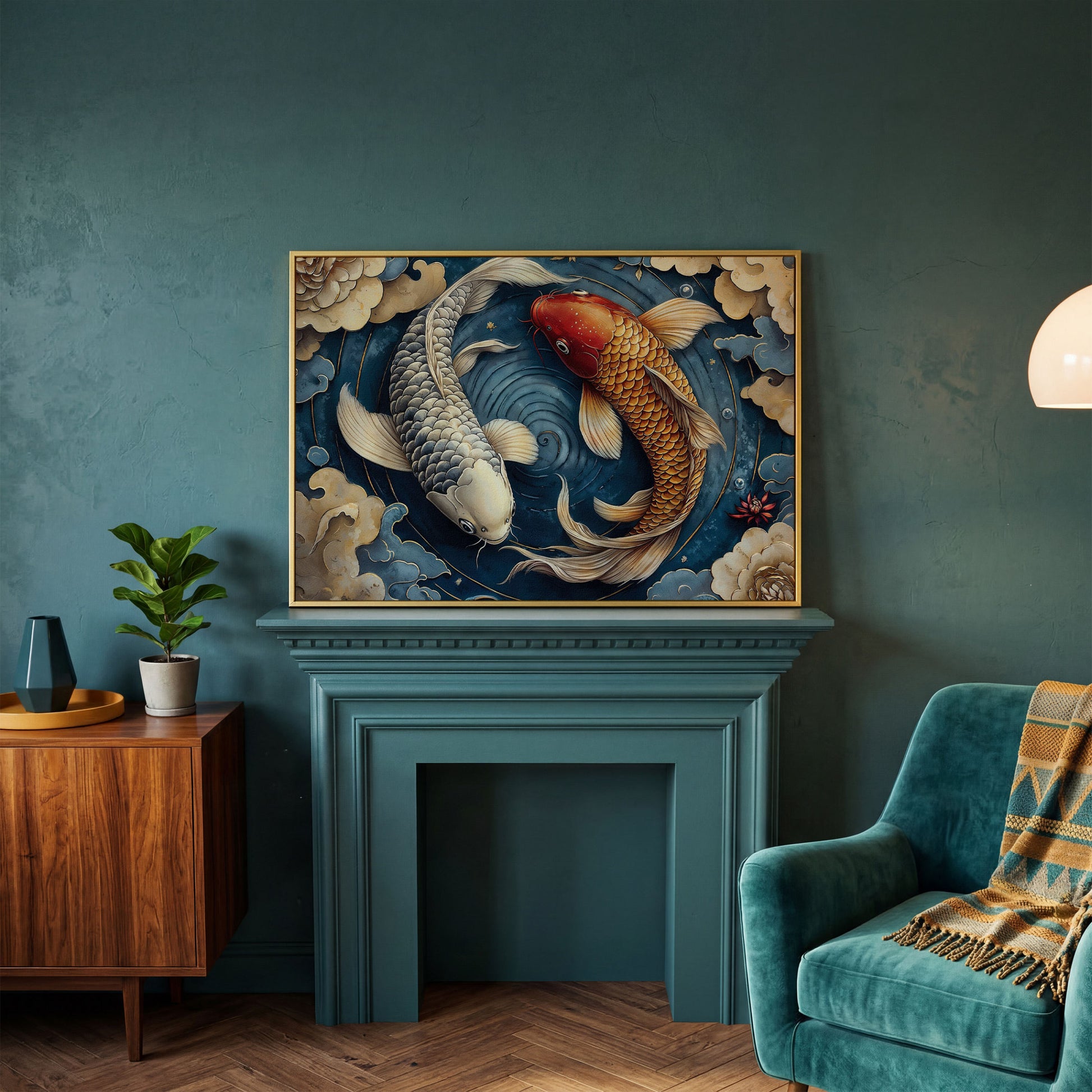 Koi Fish and Swirling Water Canvas in yellow gold floating frame