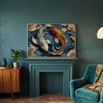 Koi Fish and Swirling Water Canvas in yellow gold floating frame