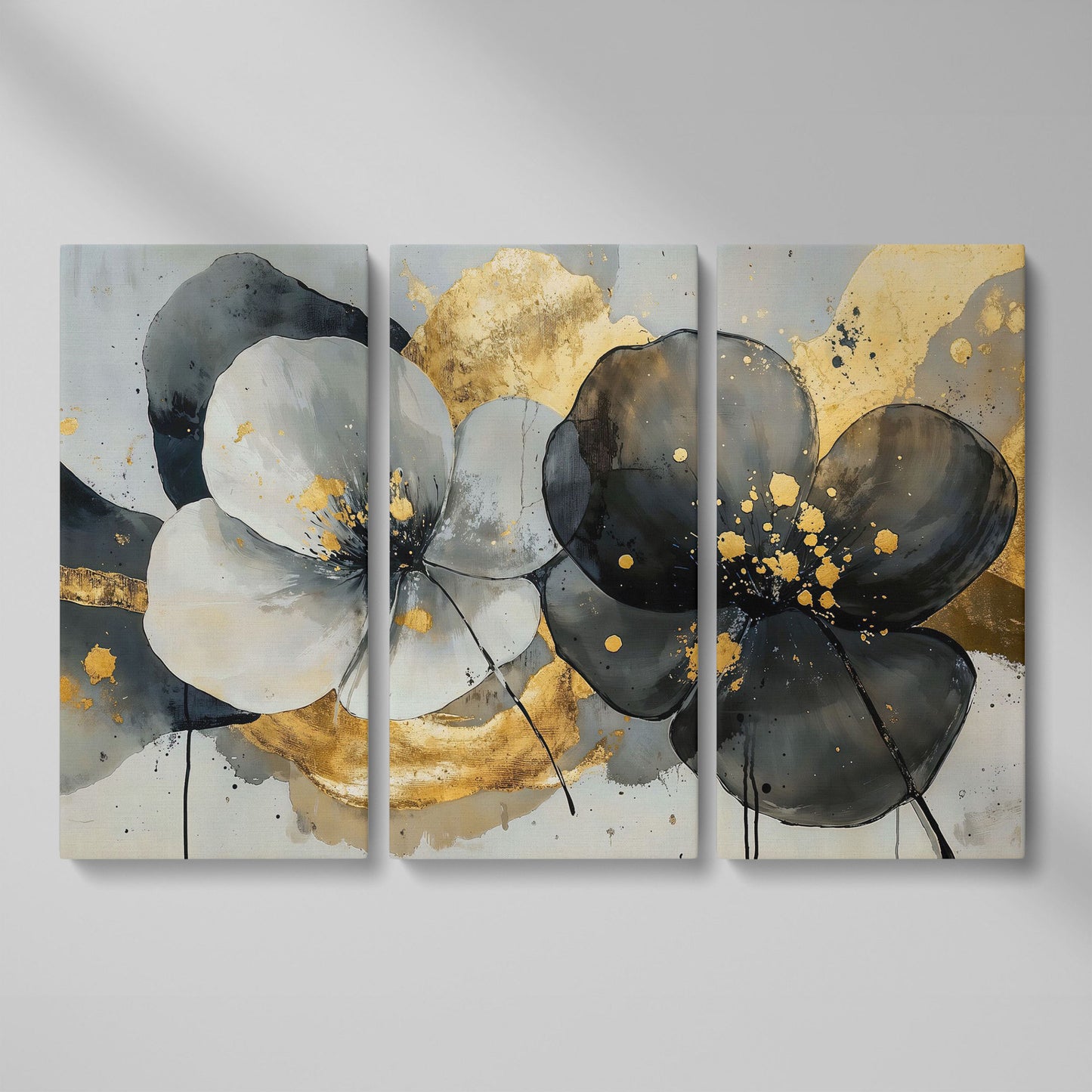 Gray and Black Flowers with Gold Accent Canvas as 3-panel split version