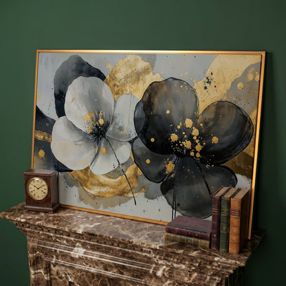 Gray and Black Flowers with Gold Accent Canvas in antique gold floating frame