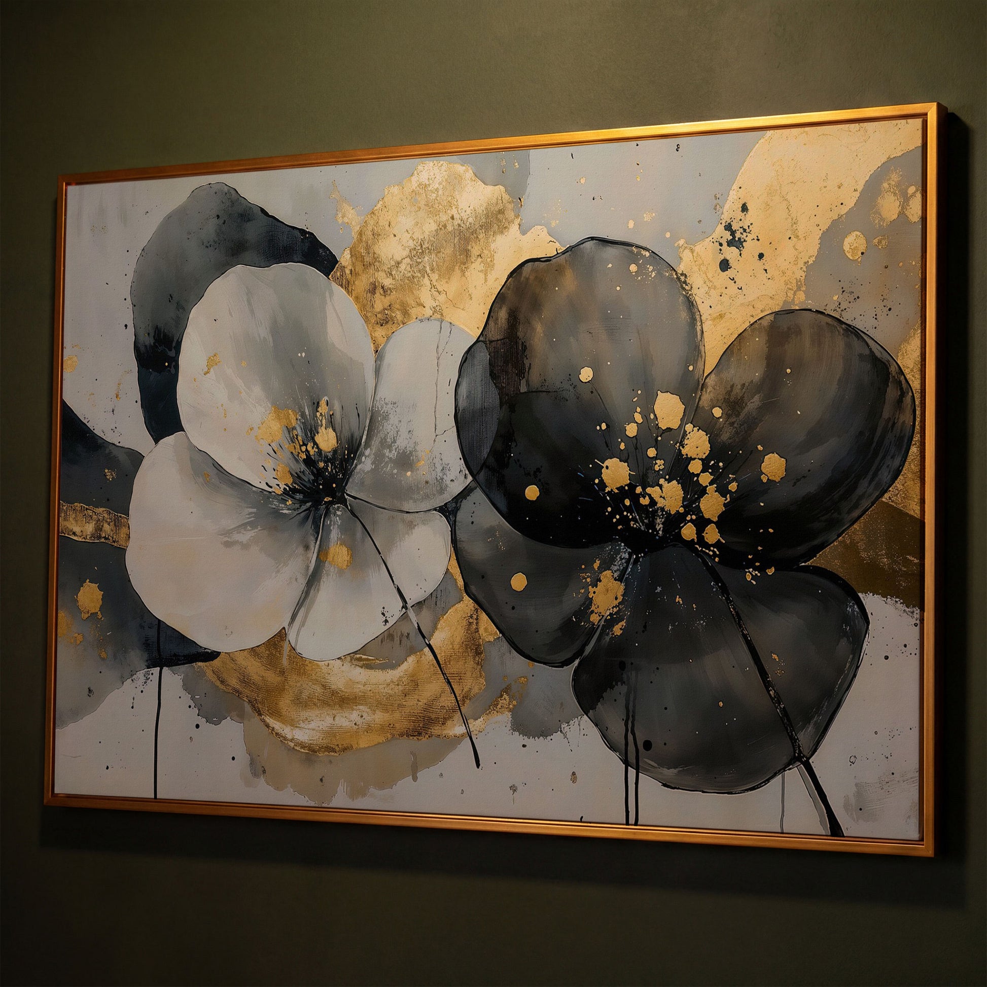 Gray and Black Flowers with Gold Accent Canvas shown in antique gold floating frame
