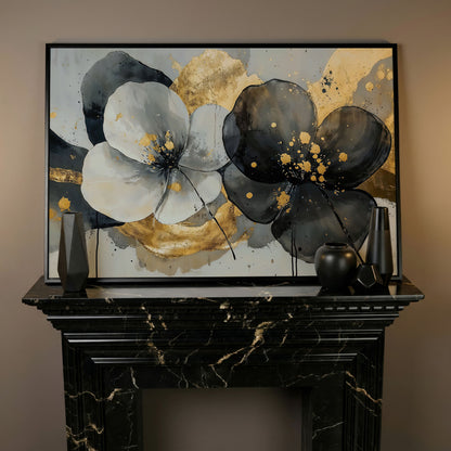 Gray and Black Flowers with Gold Accent Canvas in black floating frame