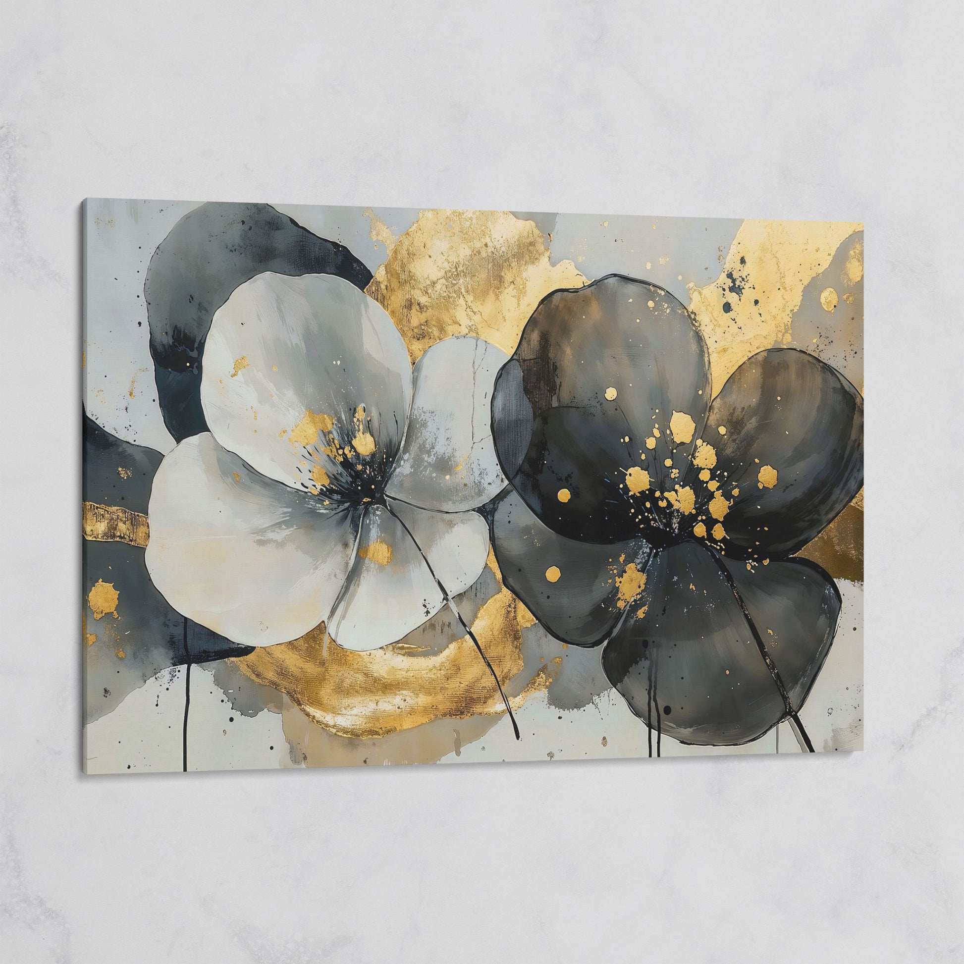 Gray and Black Flowers with Gold Accent Canvas on gallery wrap