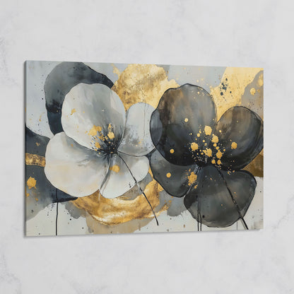 Gray and Black Flowers with Gold Accent Canvas on gallery wrap