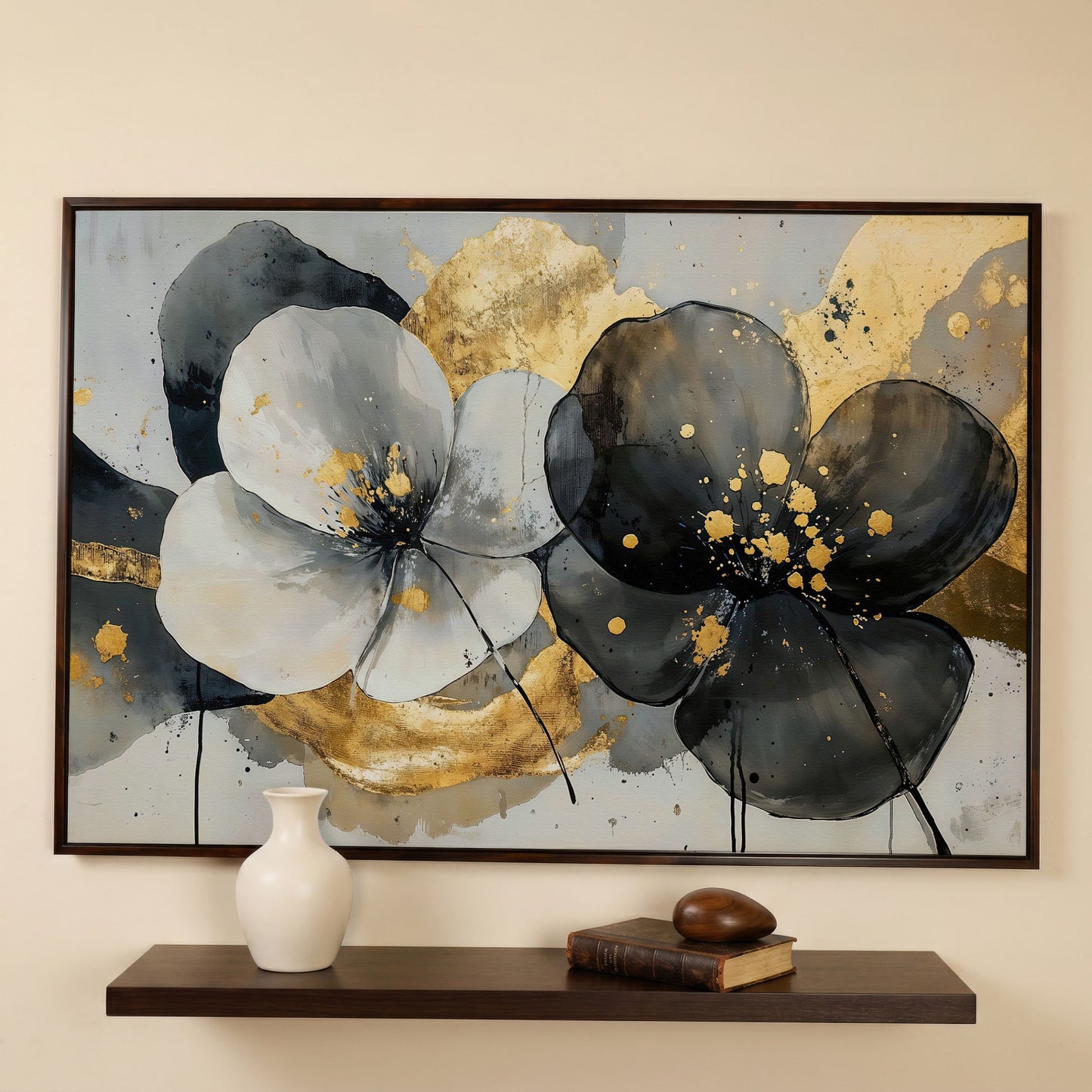 Gray and Black Flowers with Gold Accent Canvas in dark walnut floating frame