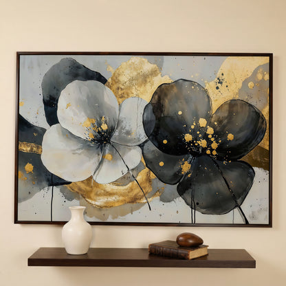 Gray and Black Flowers with Gold Accent Canvas in dark walnut floating frame