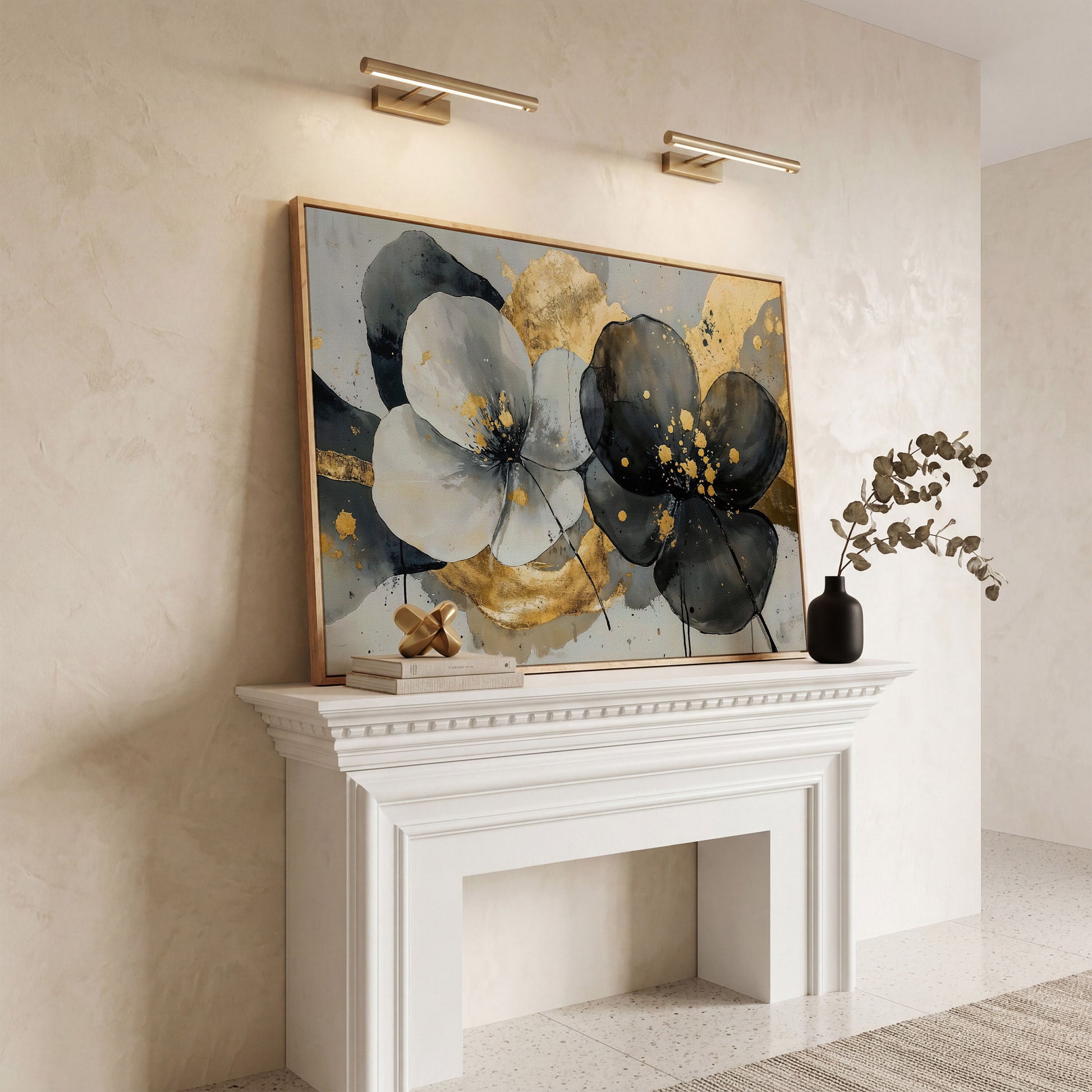 Gray and Black Flowers with Gold Accent Canvas in white oak floating frame