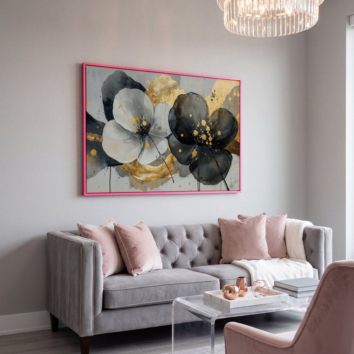 Gray and Black Flowers with Gold Accent Canvas in pink floating frame
