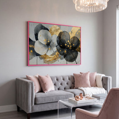 Gray and Black Flowers with Gold Accent Canvas in pink floating frame