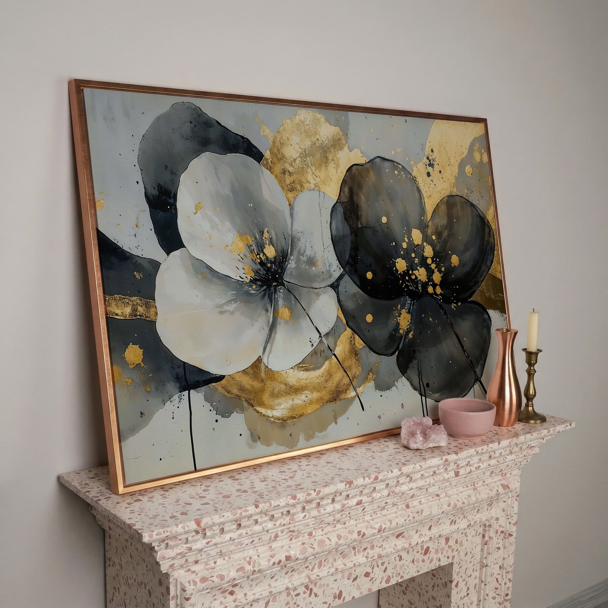 Gray and Black Flowers with Gold Accent Canvas in rose gold floating frame