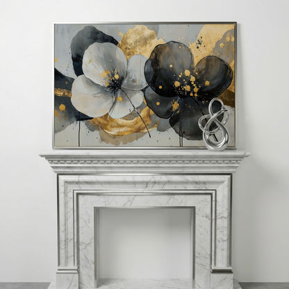 Gray and Black Flowers with Gold Accent Canvas in silver floating frame