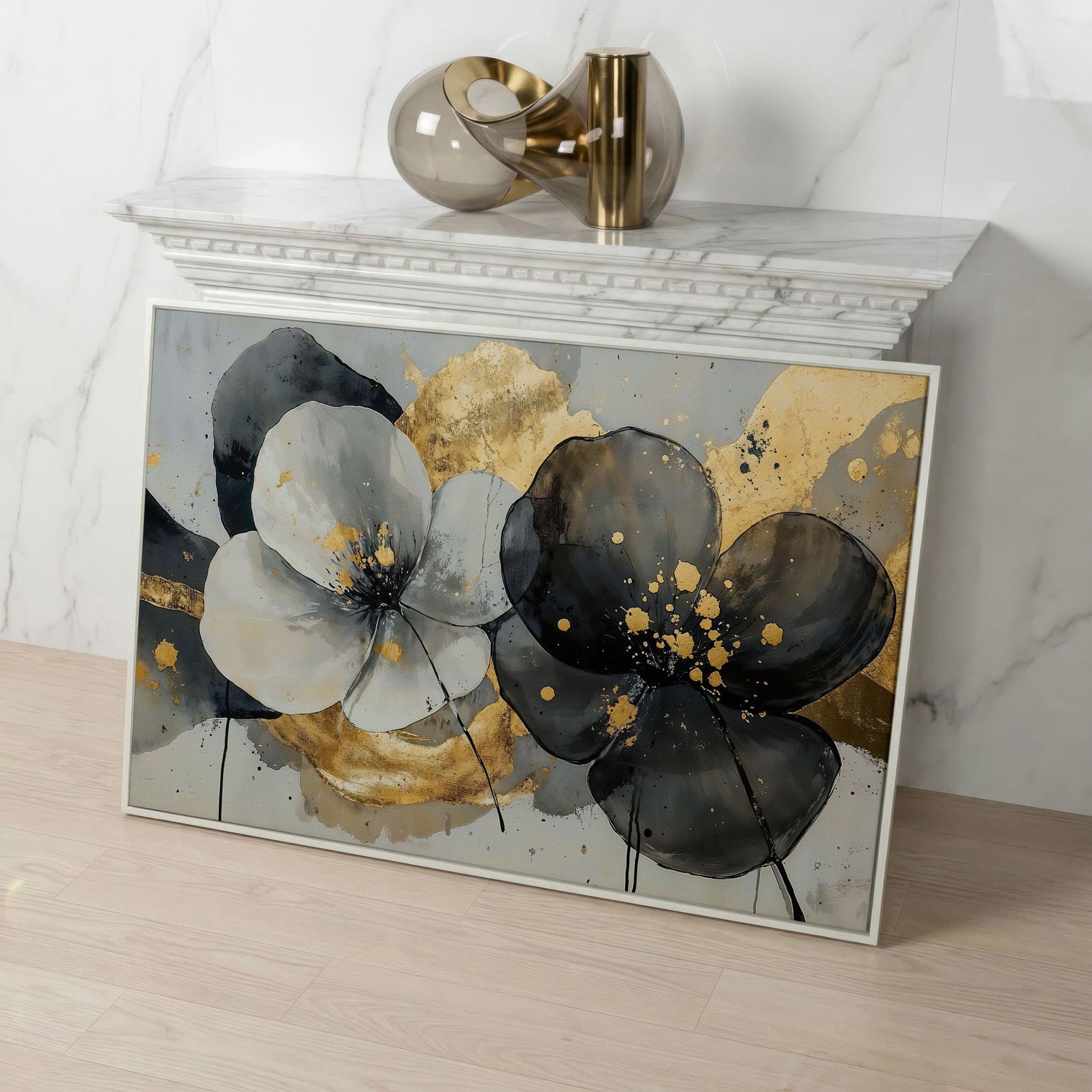 Gray and Black Flowers with Gold Accent Canvas in white floating frame