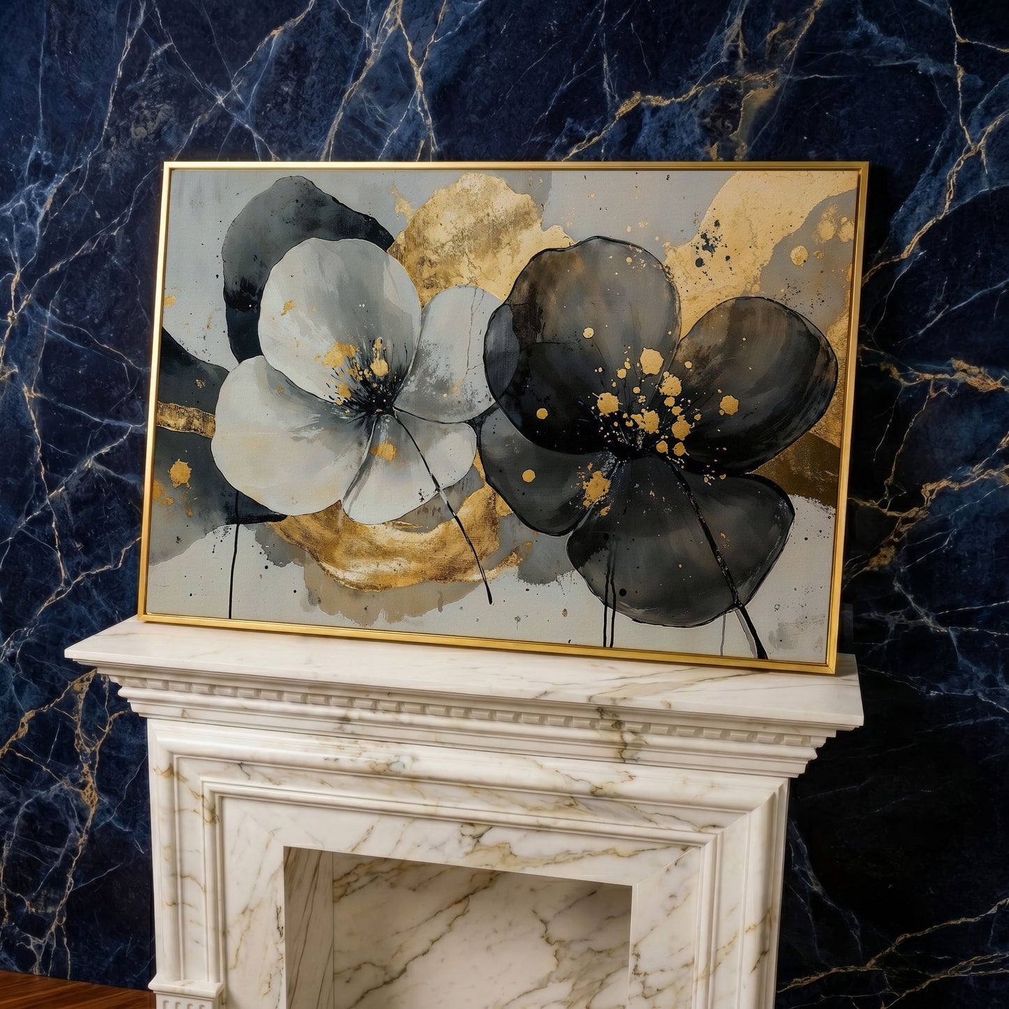 Gray and Black Flowers with Gold Accent Canvas in yellow gold floating frame