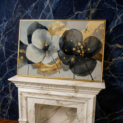 Gray and Black Flowers with Gold Accent Canvas in yellow gold floating frame