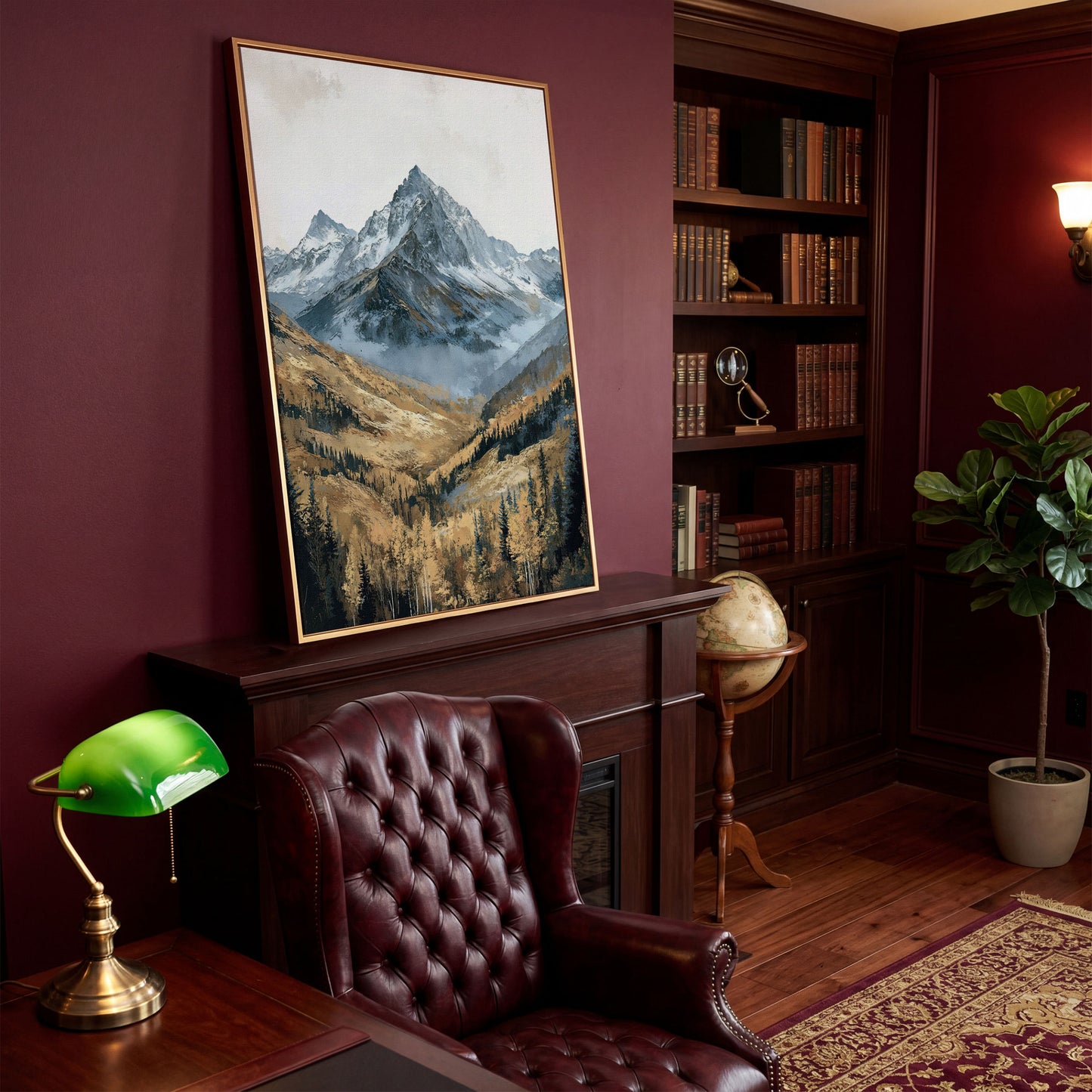 Autumn Forest with Rocky Mountain Canvas Print in antique gold floating frame