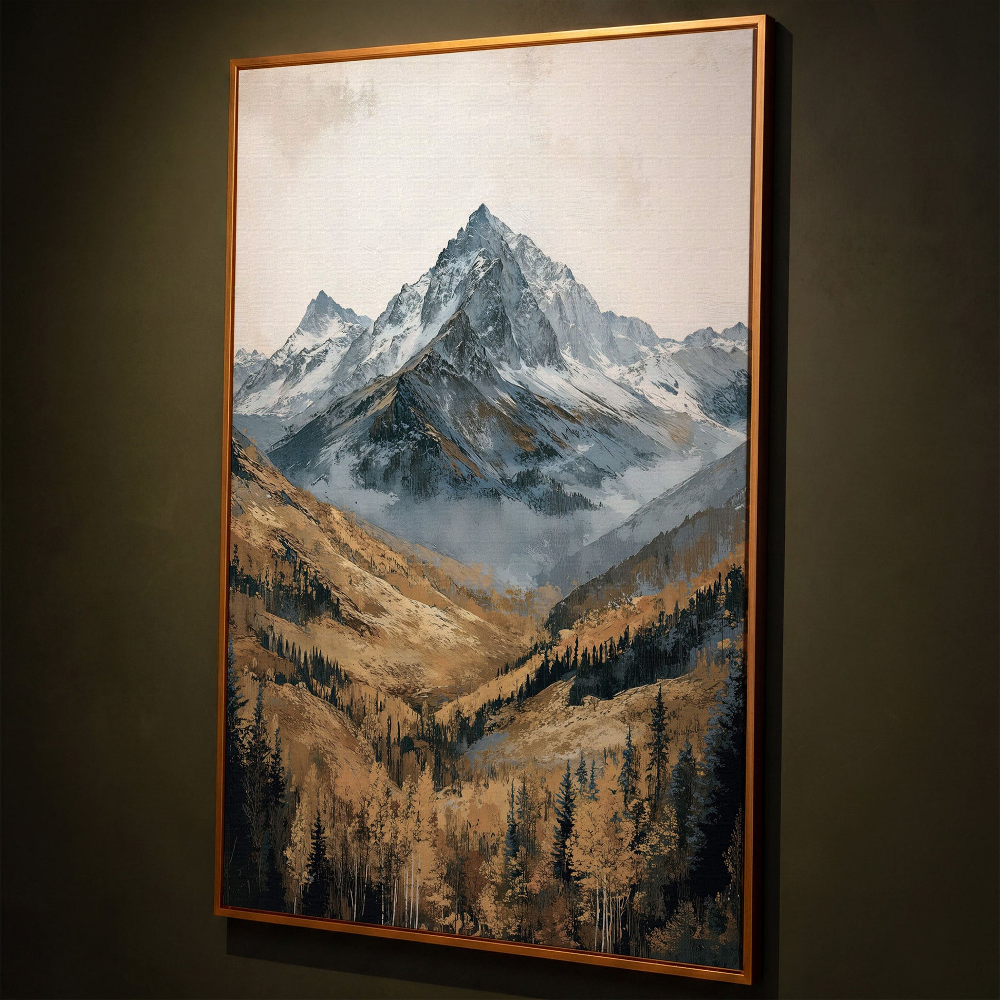 Autumn Forest with Rocky Mountain Canvas Print shown in antique gold floating frame
