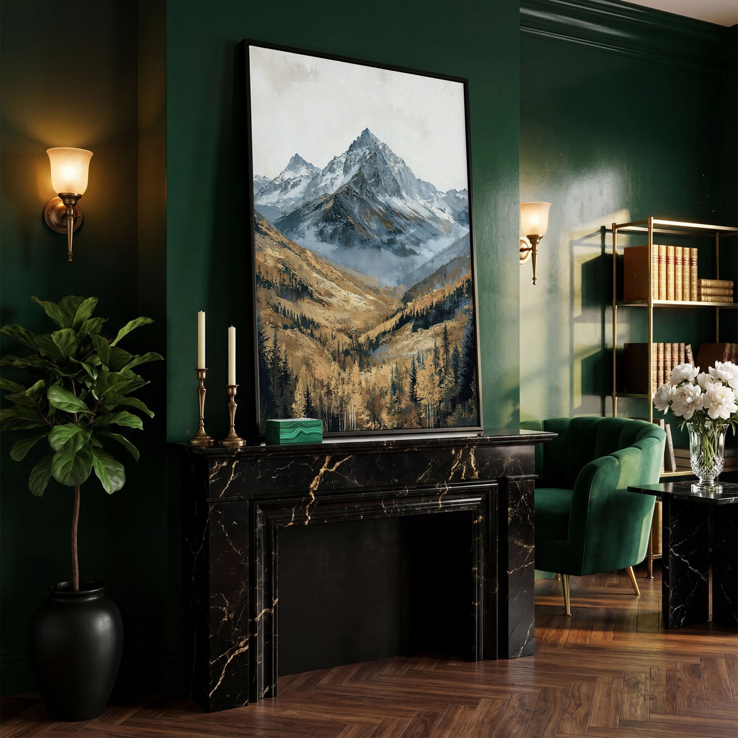 Autumn Forest with Rocky Mountain Canvas Print in black floating frame