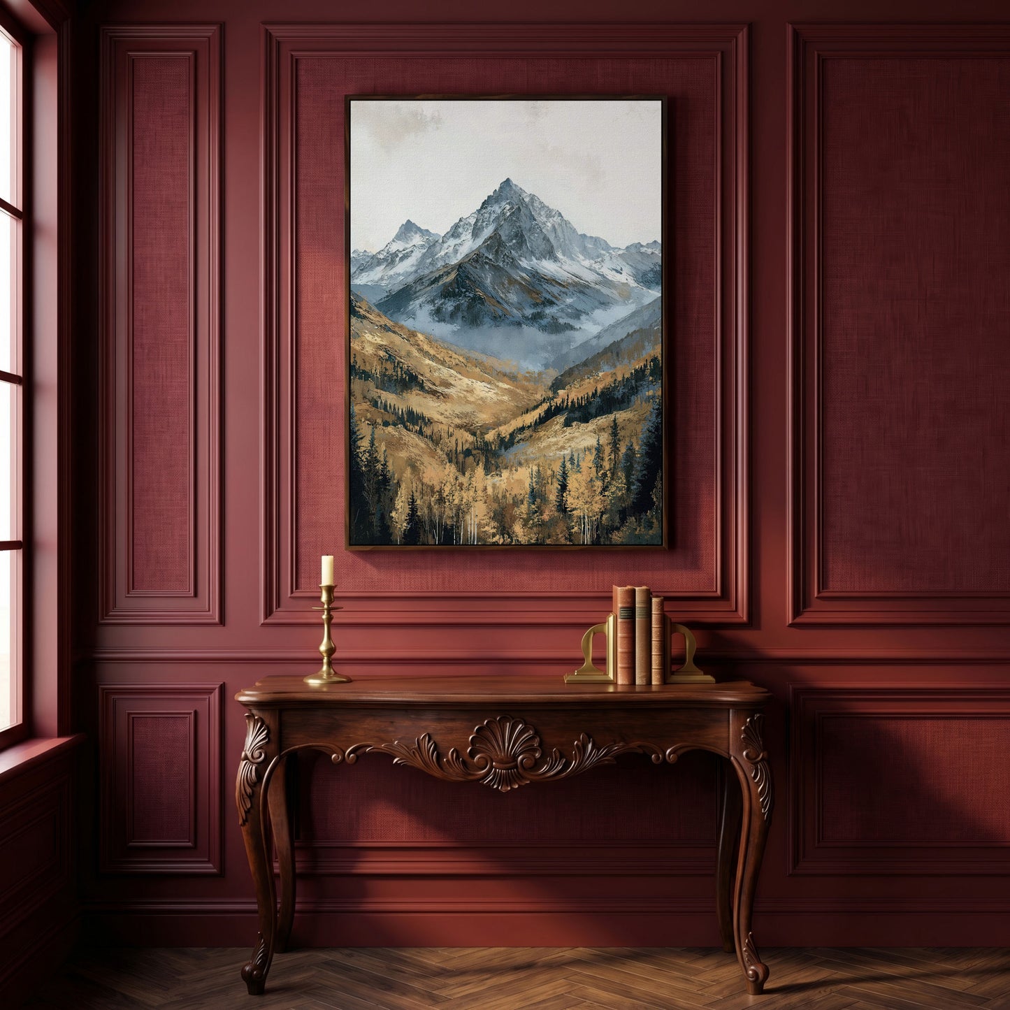 Autumn Forest with Rocky Mountain Canvas Print in dark walnut floating frame
