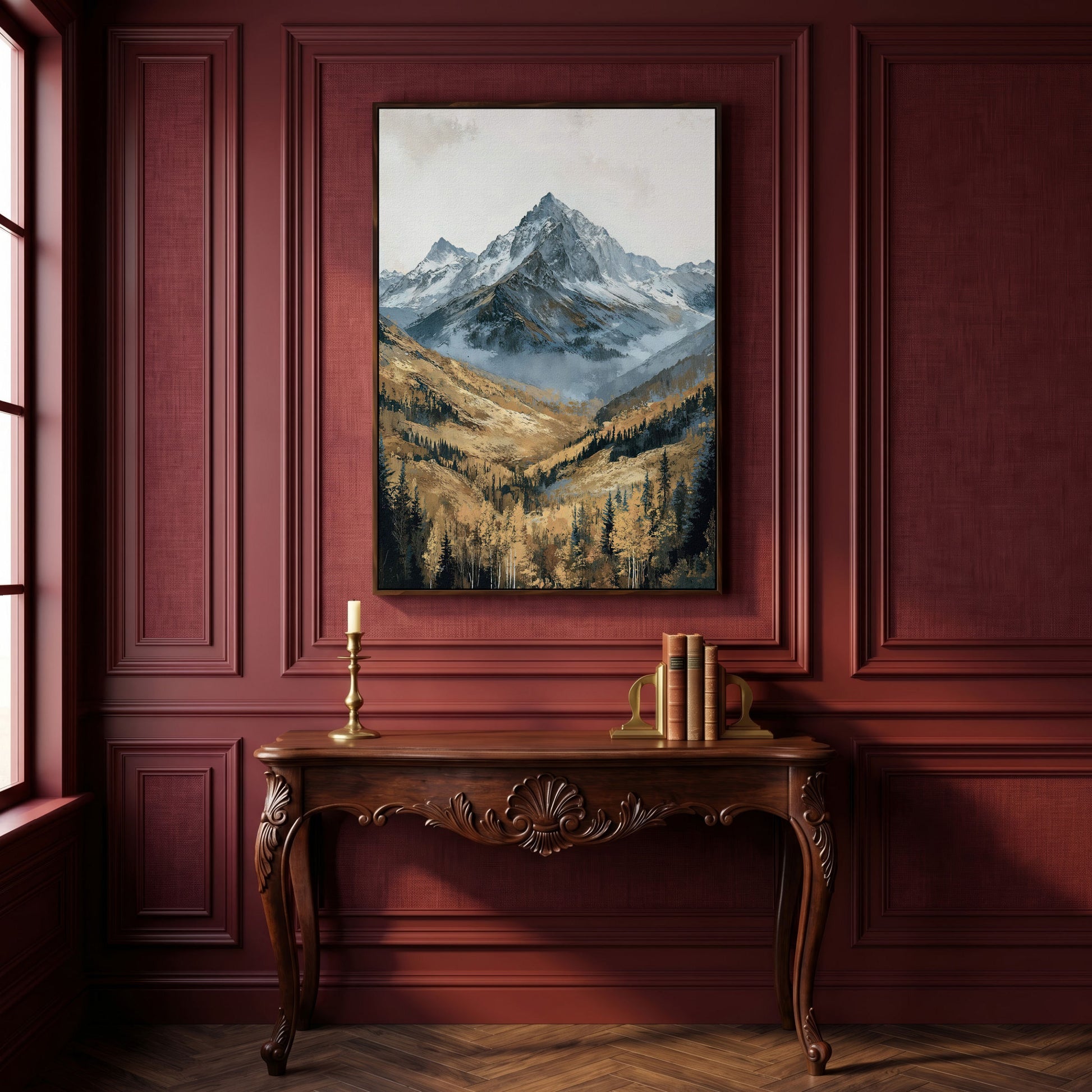 Autumn Forest with Rocky Mountain Canvas Print in dark walnut floating frame