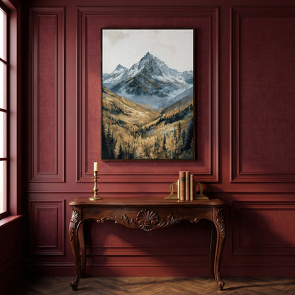 Autumn Forest with Rocky Mountain Canvas Print in dark walnut floating frame