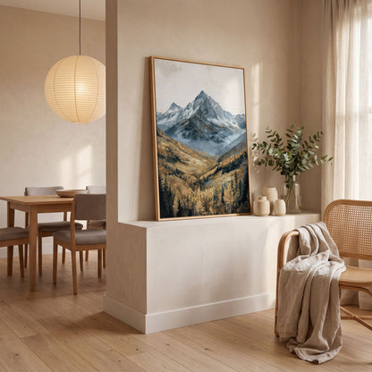 Autumn Forest with Rocky Mountain Canvas Print in white oak floating frame
