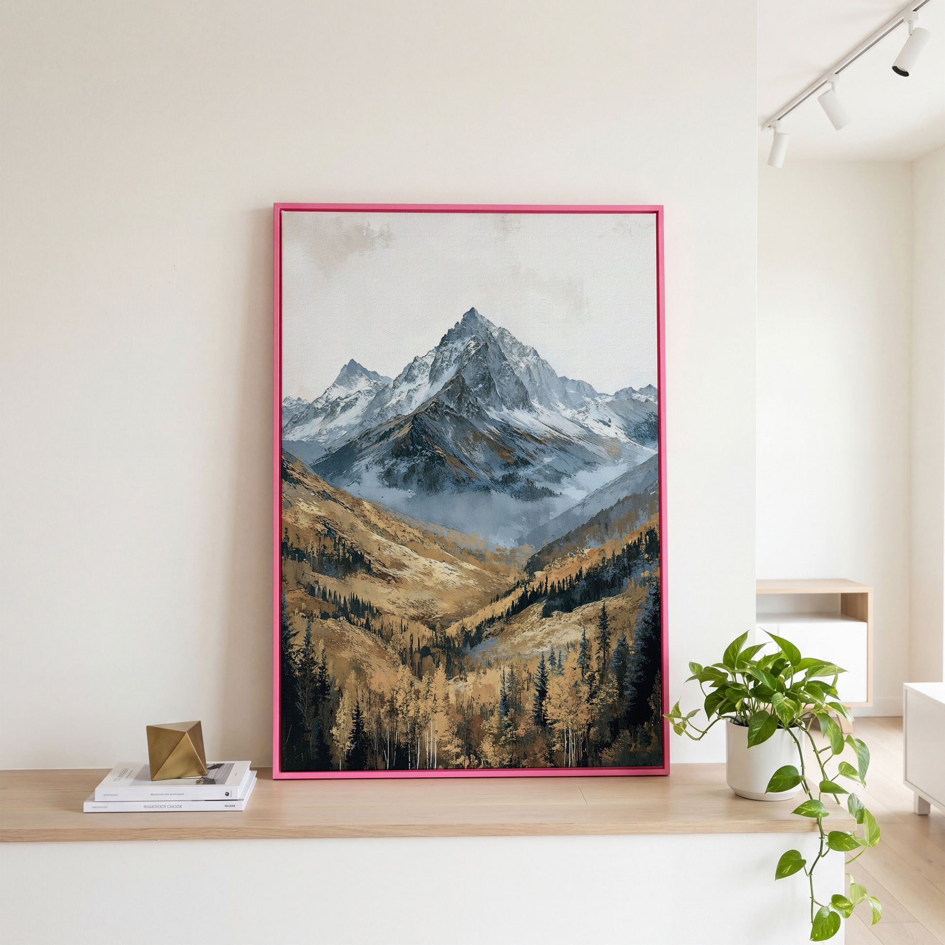 Autumn Forest with Rocky Mountain Canvas Print in pink floating frame