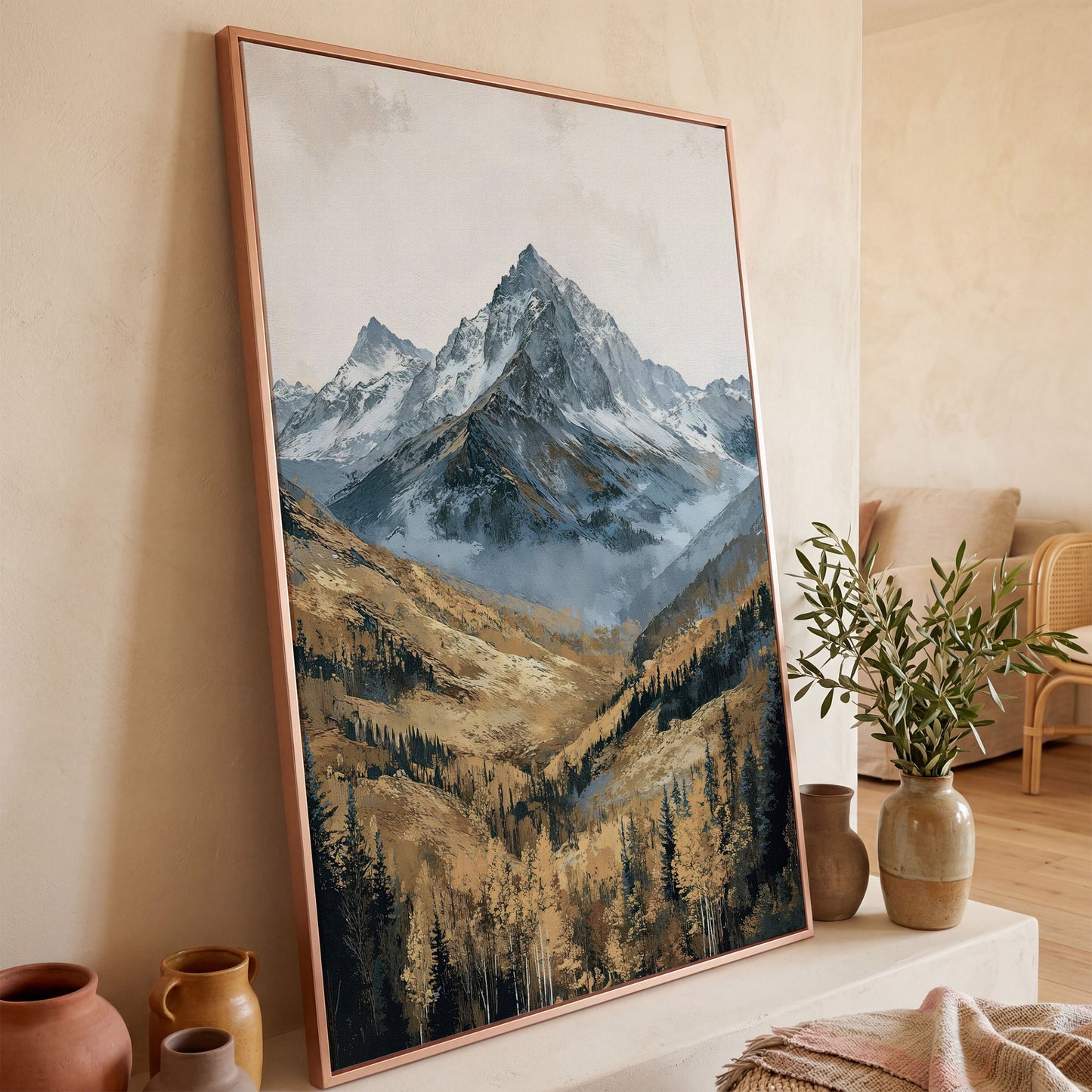 Autumn Forest with Rocky Mountain Canvas Print in rose gold floating frame