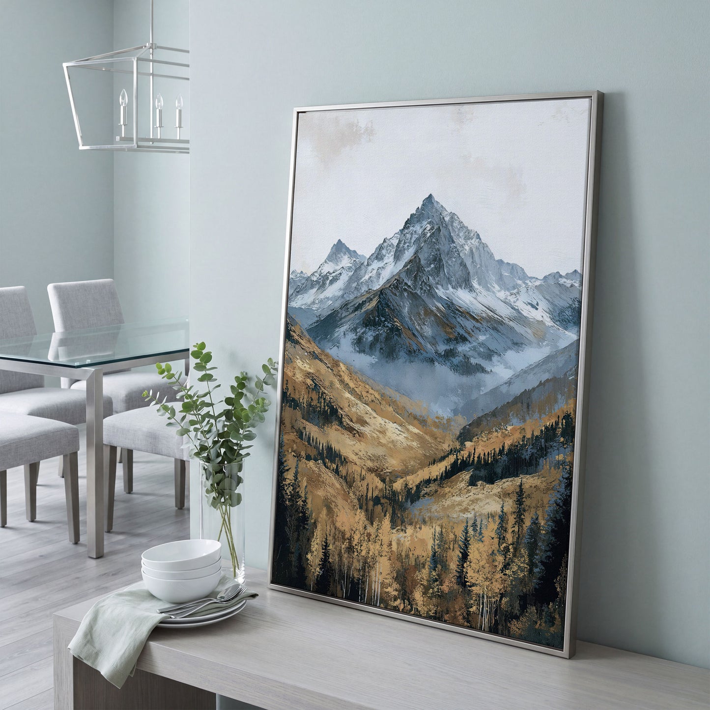Autumn Forest with Rocky Mountain Canvas Print in silver floating frame