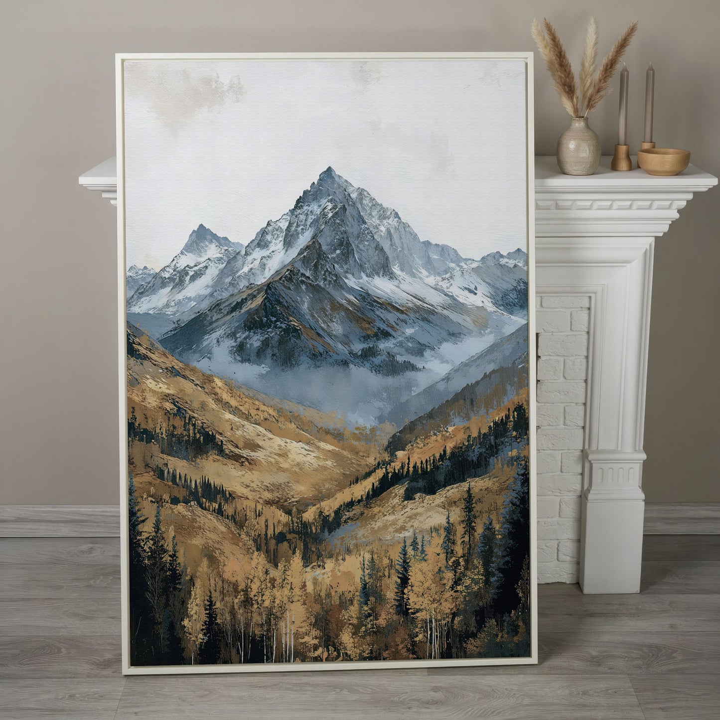 Autumn Forest with Rocky Mountain Canvas Print in white floating frame