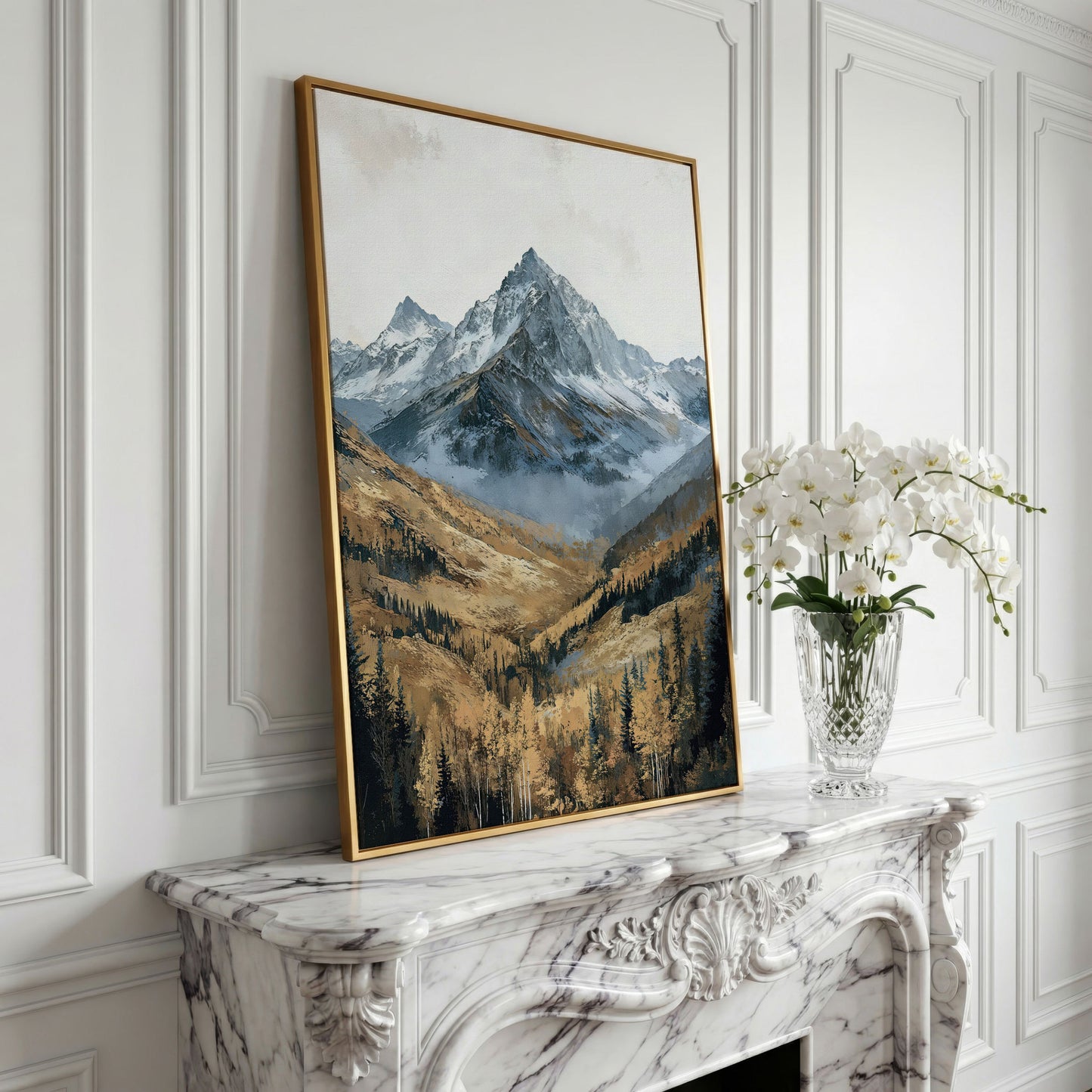 Autumn Forest with Rocky Mountain Canvas Print in yellow gold floating frame