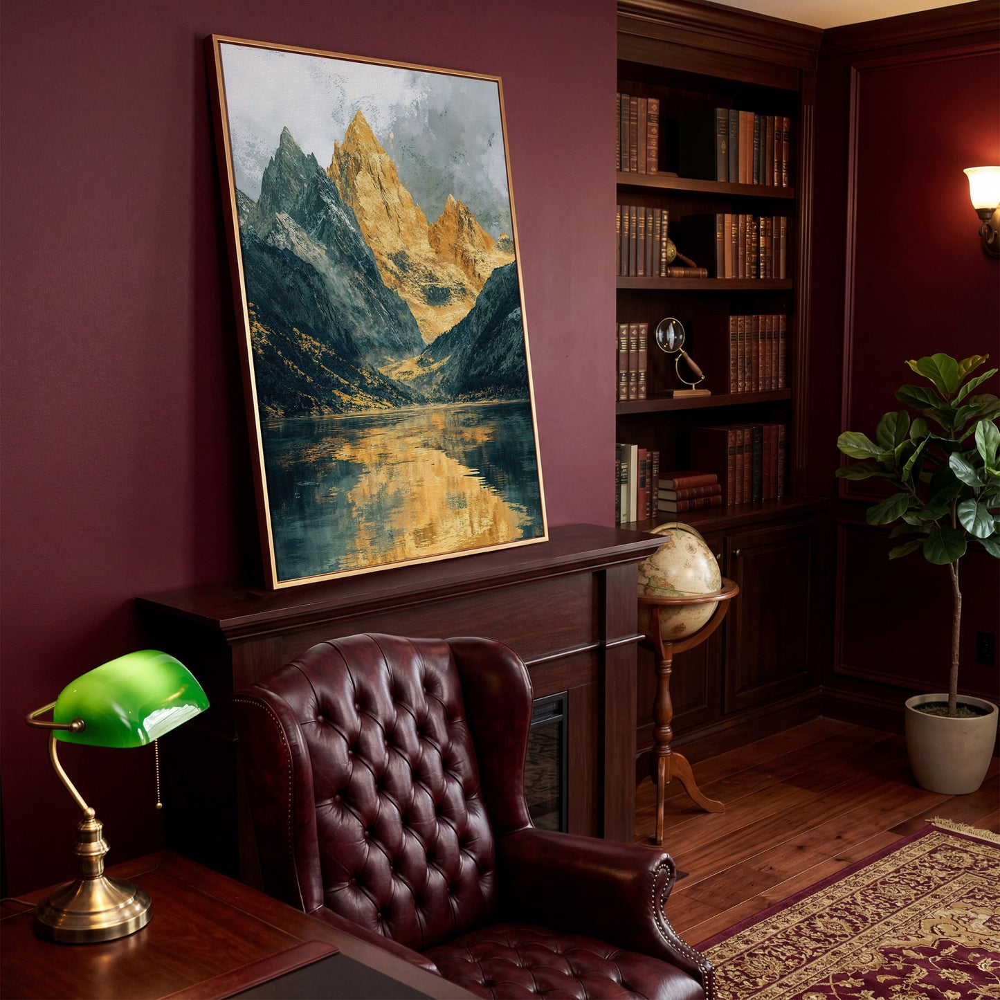 Gray and Gold Mountains with Water Reflection Canvas in antique gold floating frame