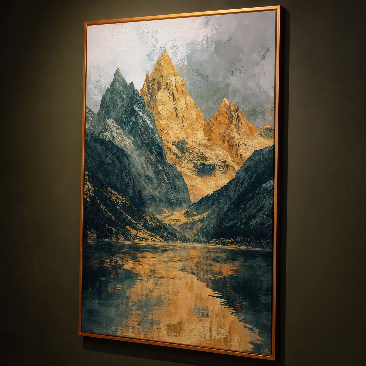 Gray and Gold Mountains with Water Reflection Canvas shown in antique gold floating frame