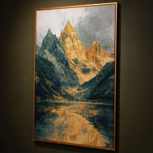 Gray and Gold Mountains with Water Reflection Canvas shown in antique gold floating frame