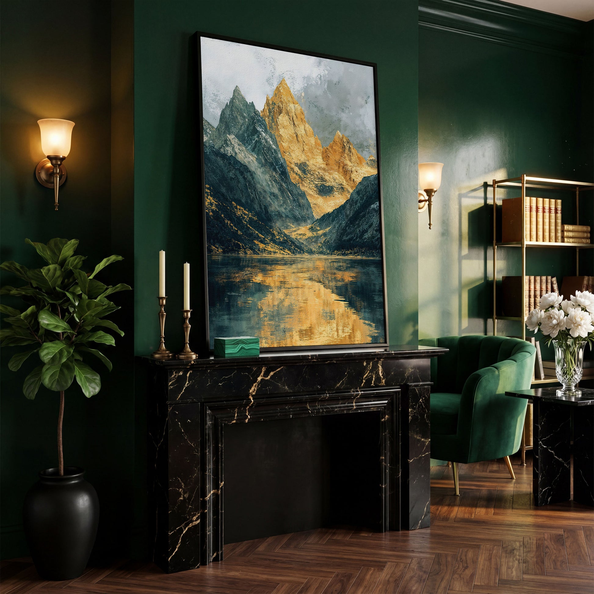 Gray and Gold Mountains with Water Reflection Canvas in black floating frame