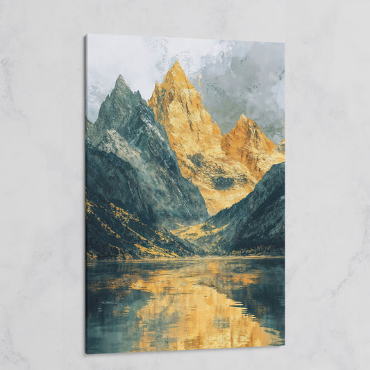 Gray and Gold Mountains with Water Reflection Canvas on gallery wrap
