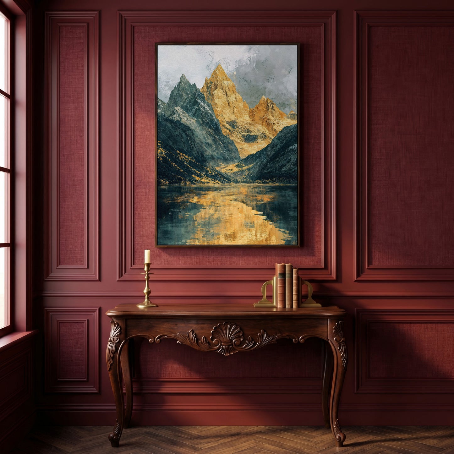 Gray and Gold Mountains with Water Reflection Canvas in dark walnut floating frame