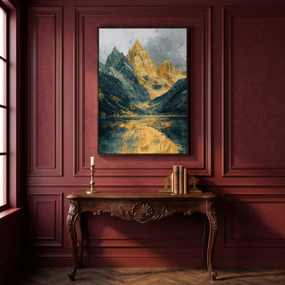 Gray and Gold Mountains with Water Reflection Canvas in dark walnut floating frame